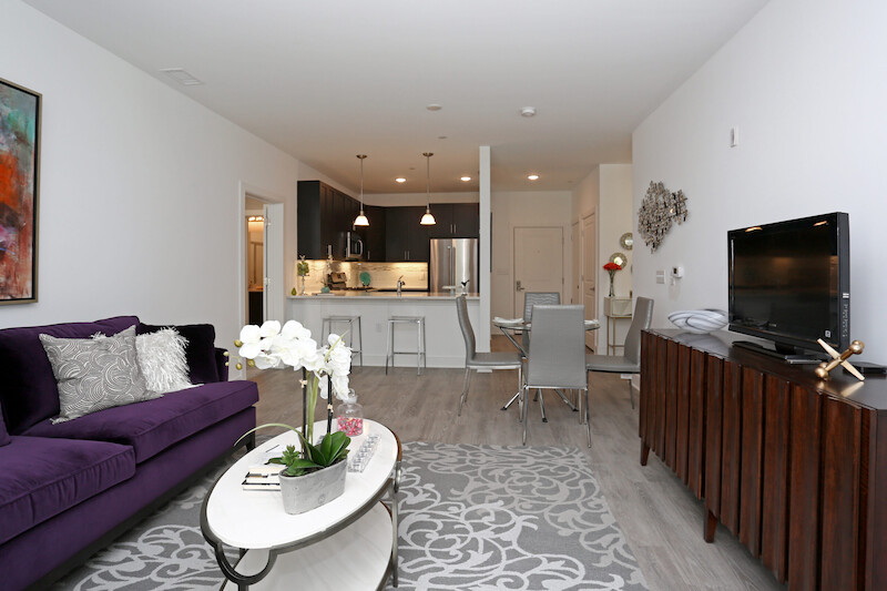 Open-plan living, dining, and kitchen with wide-plank floors, sofa, dining set, and pendant lighting