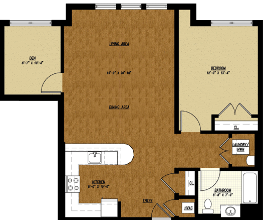 Type B floor plan: 1 bed + den, 1 bath, 980 square feet