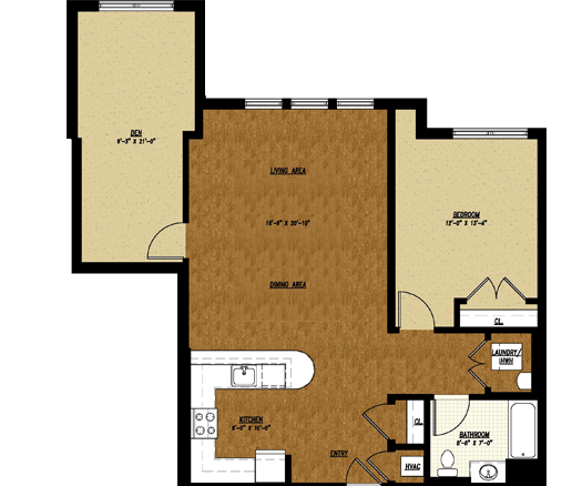 Type C floor plan: 1 bed + den, 1 bath, 1,087 square feet