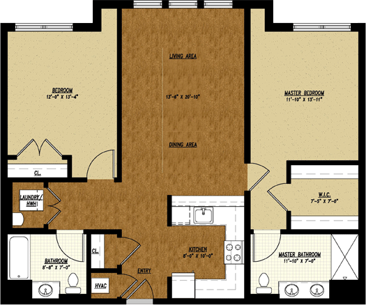 Type E floor plan: 2 bed, 2 bath, 1,146 square feet