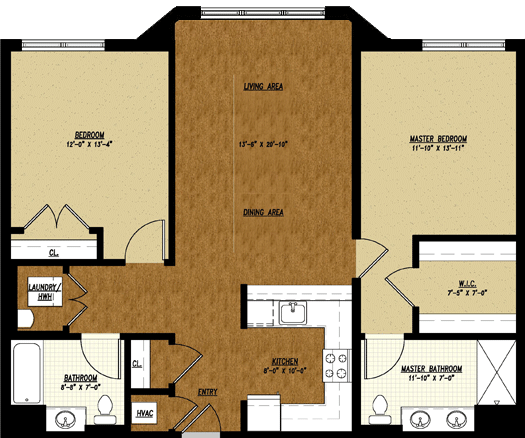 Type F floor plan: 2 bed, 2 bath, 1,141 square feet