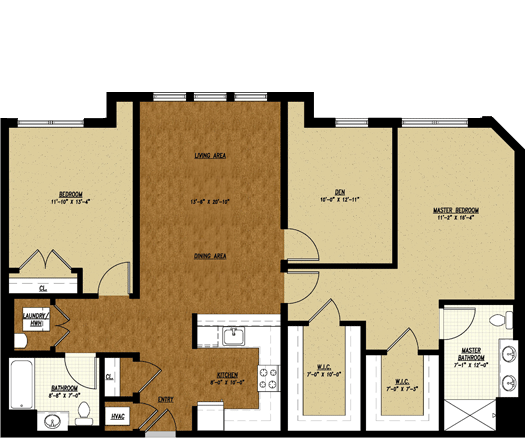 Type G floor plan: 2 bed + den, 2 bath, 1,434 square feet