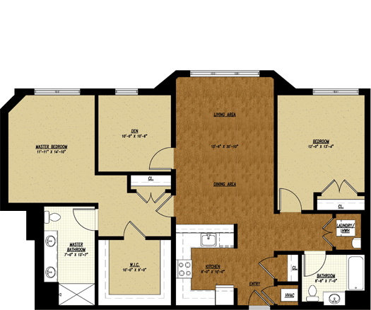 Type H floor plan: 2 bed + den, 2 bath, 1,371 square feet