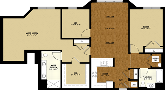 Type H1 floor plan: 2 bed + den, 2 bath, 1,505 square feet
