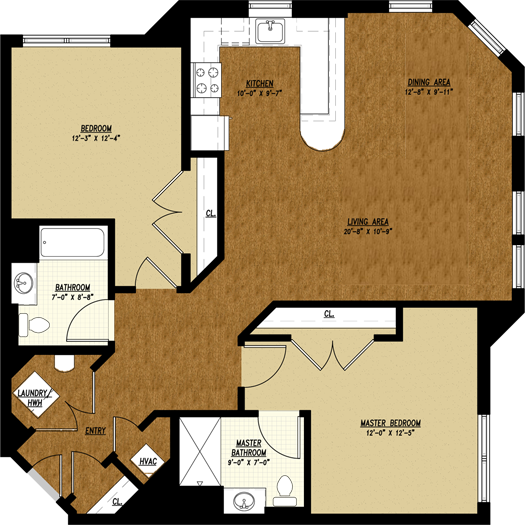 Type J floor plan: 2 bed, 2 bath, 1,209 square feet