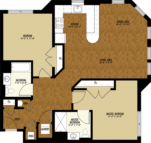 Type K floor plan: 2 bed, 2 bath, 1,134 square feet