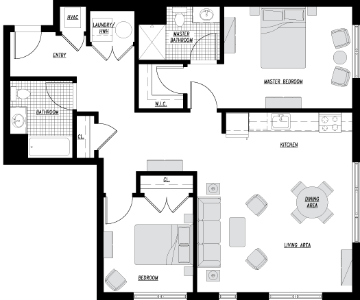 Type M1 floor plan: 2 bed, 2 bath, 1,047 square feet