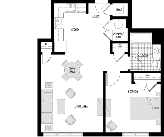 Type P1 floor plan: 1 bed, 1 bath, 710 square feet
